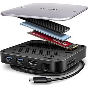 AXAGON HMC-UFO, USB-C 10 Gbps Hub, 2× USB-A, USB-C, HDMI 4k/60 Hz, RJ-45, SD/mSD, M.2 slot, audio, PD