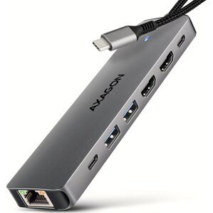 AXAGON HMC-7HX2, 7-in-1 Hub, USB-C 5Gbps, 2× USB-A, 1× USB-C, 2× HDMI 4K/60, RJ-45, PD 100 W