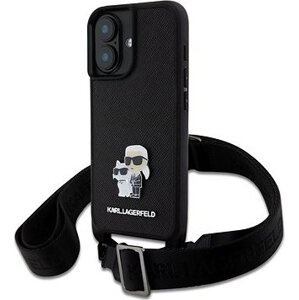 Karl Lagerfeld Saffiano Crossbody Popruh Metal Karl and Choupette Zadný Kryt na iPhone 16 Plus Black