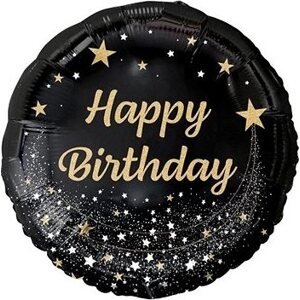 Balón foliový černý - happy birthday - narozeniny - zlatý nápis - 45 cm