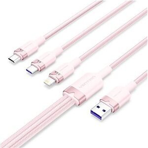Vention USB 2.0 A Male to 3-in-1 USB-C & Lightning & Micro-B Male 6A Cable 1.5M Pink Aluminum Alloy